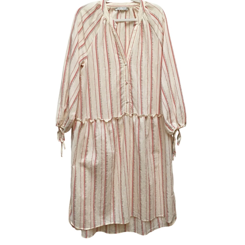 Zara Striped Ruffle Oversized Dress Women's Small Cream Red Boho Coastal Chic